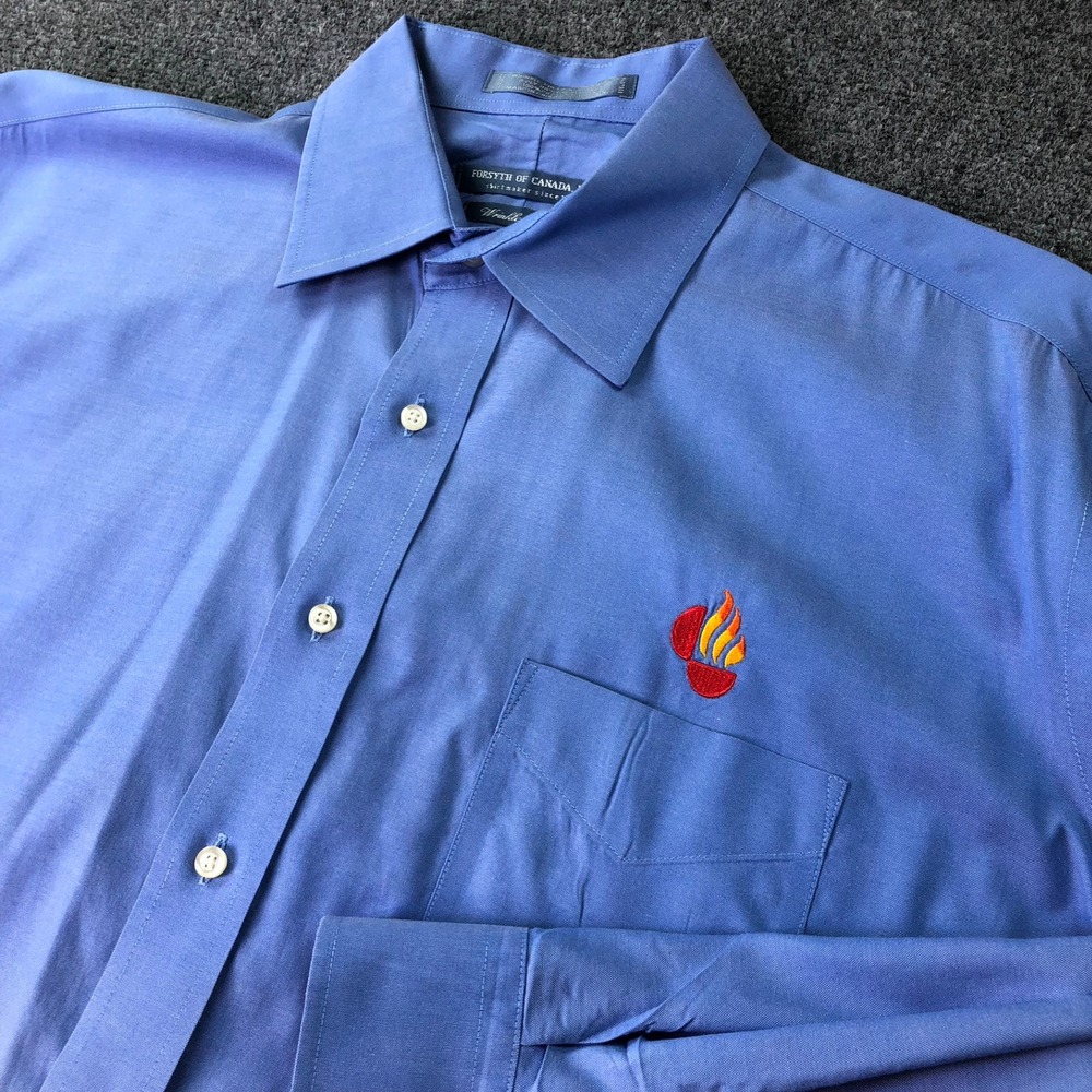 Forsyth of Canada Mens Dress Shirt 17.5 34/35 Blue Long Sleeve Grill Embroidery